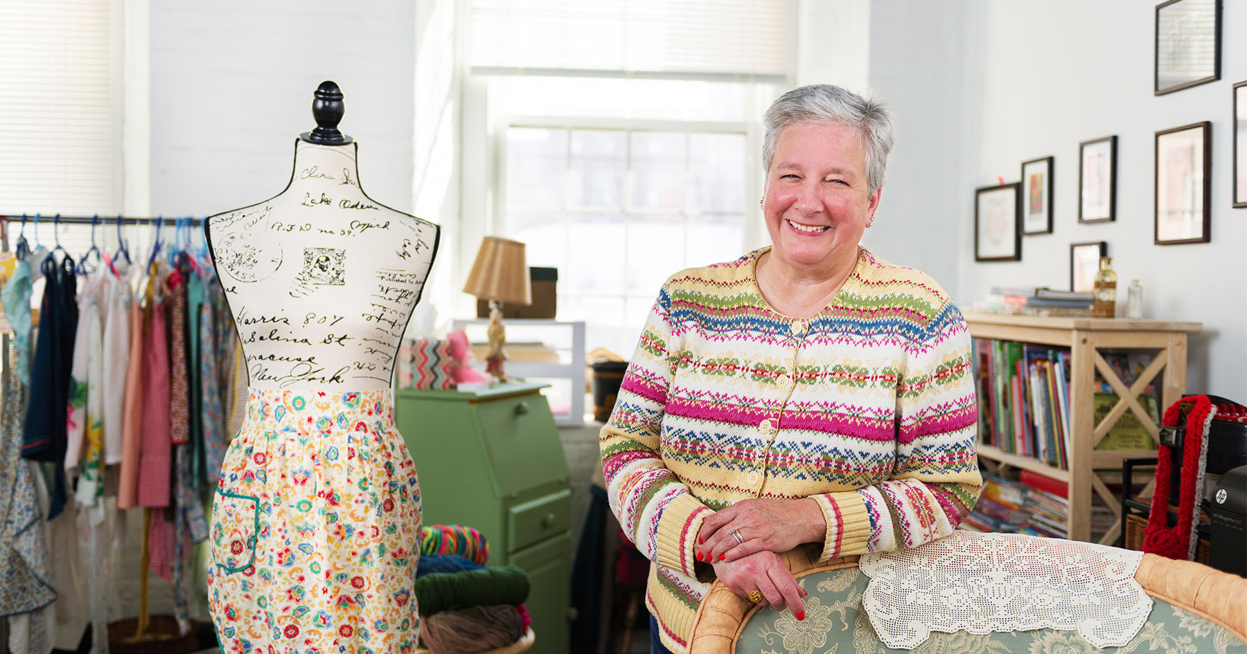 Roberta Ransley-Matteau, owner of Retro Girls Attic and Lily-Jane Knits, in her studio at the Pepperell Mill Campus. Photographed by Portland Headshot