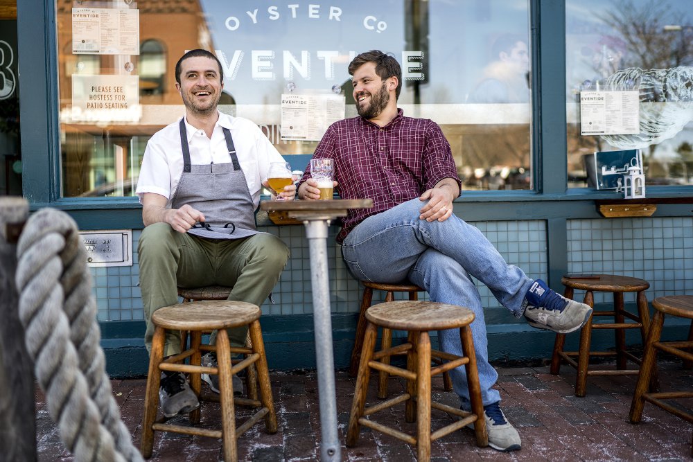 Mike Wiley and Andrew Taylor, shown in 2016 outside their Eventide Oyster Co. on Fore Street in Portland, have won the James Beard Award for Best Chef: Northeast, it was announced Monday. Gabe Souza/Staff Photographer of the Portland Press Herald.